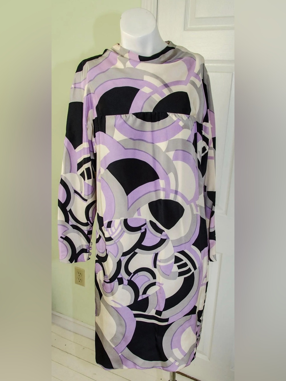 Vintage 1960s Designer Donald Brooks Silk Purple and Back Print Mod Dress